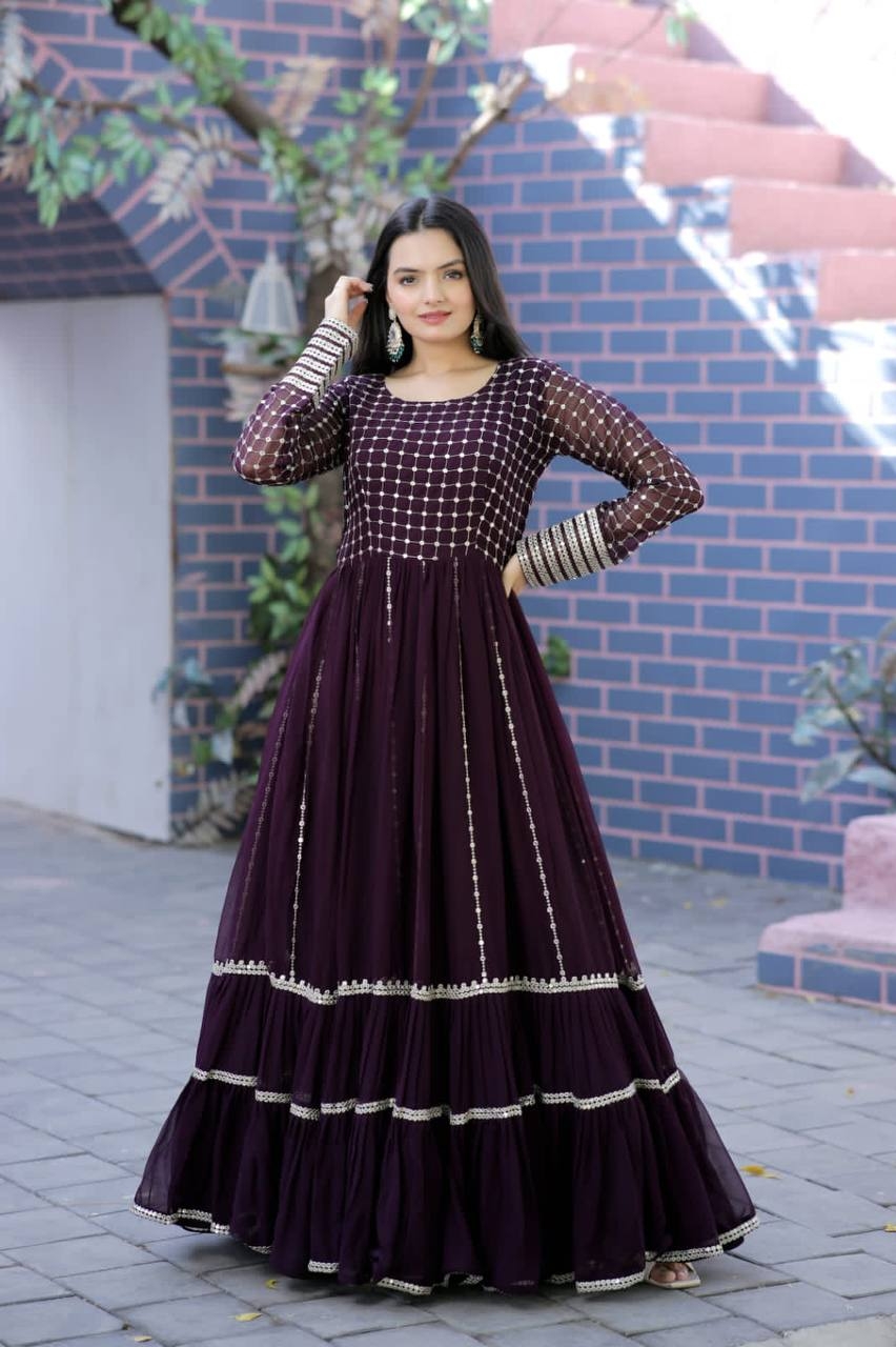 Antique Fashion  Faux Blooming gown with Sequins Multi Silver jari Embroidered Work  It looks graceful for women  it Designed to flatter all body types gowns for women combine the best parts of western and Indian wear into one stunning ensemble  - S (36), wine