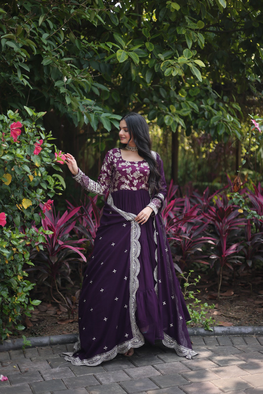 Antique Fashion  Faux Blooming gown with Viscose Dyable Jacquard With Sequins Embroidered Work Faux Blooming Dupatta  it will enhance can combine the best parts of western and Indian wear into one stunning ensemble - wine, S (36)