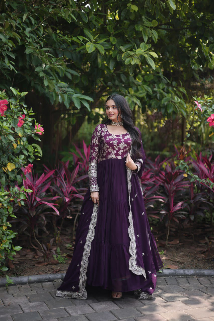 Antique Fashion  Faux Blooming gown with Viscose Dyable Jacquard With Sequins Embroidered Work Faux Blooming Dupatta  it will enhance can combine the best parts of western and Indian wear into one stunning ensemble - wine, S (36)