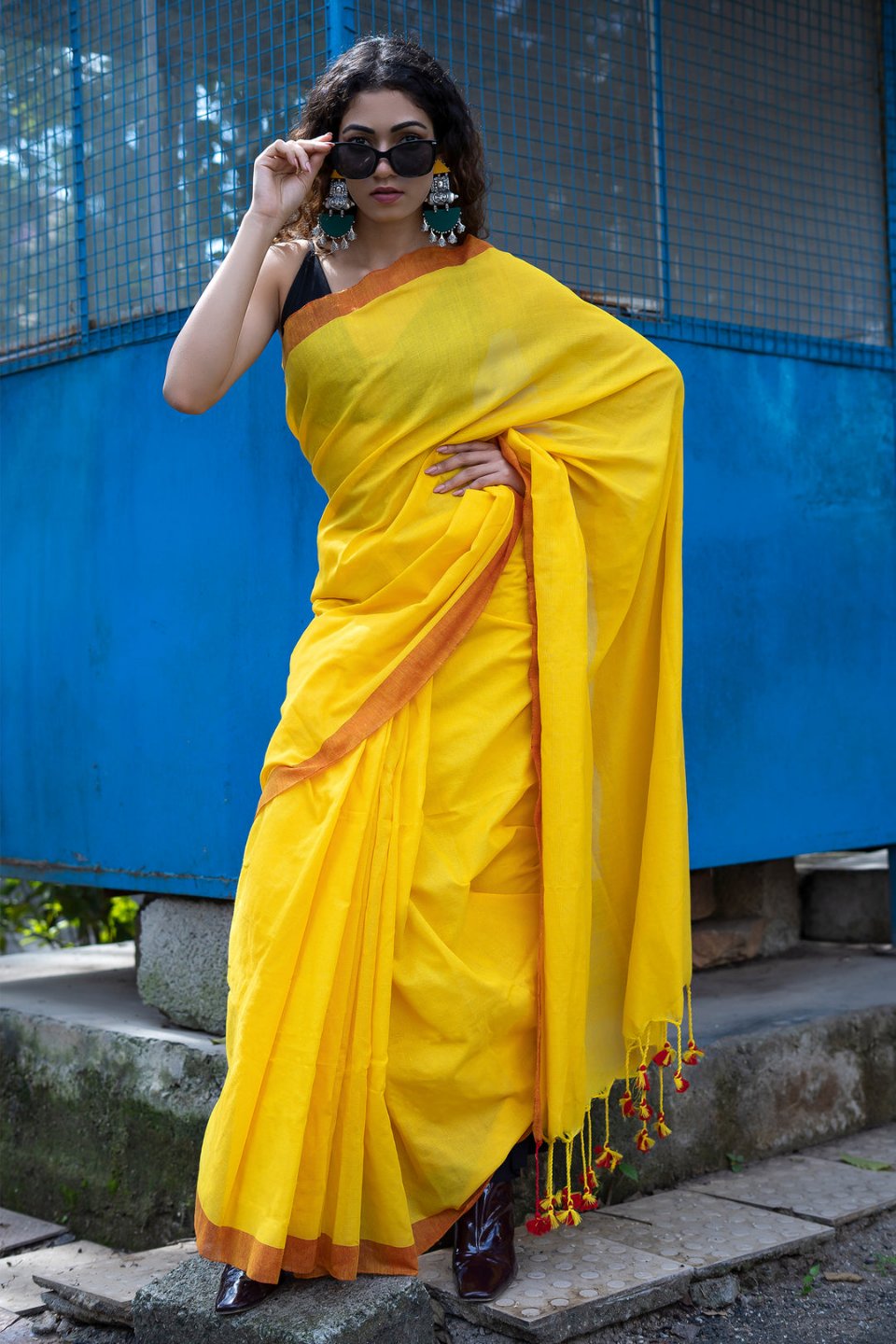 Handloom Solid Color Contrast Border Cotton Saree  - Yellow