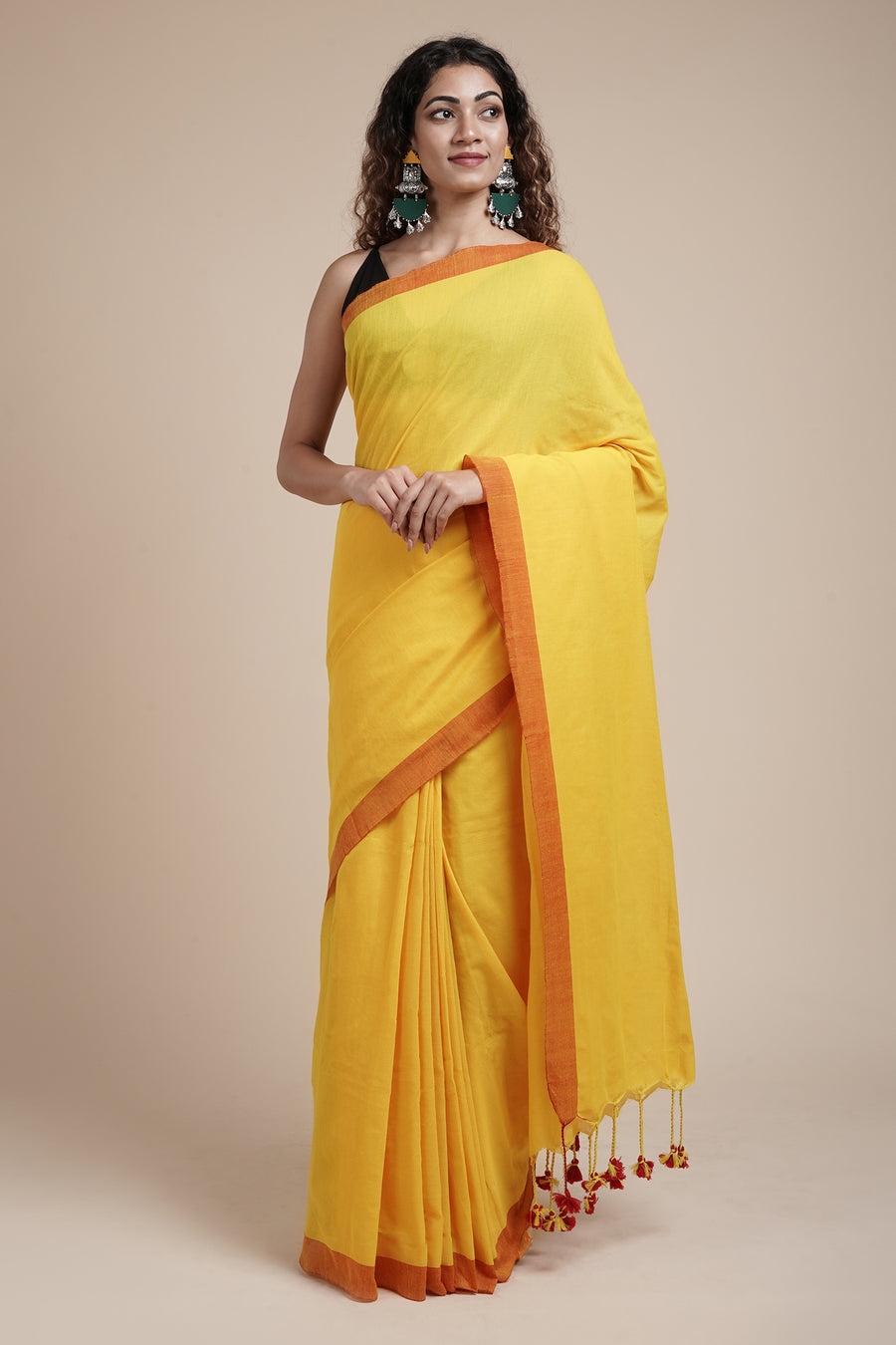 Handloom Solid Color Contrast Border Cotton Saree  - Yellow, Cotton, Cotton (CK)