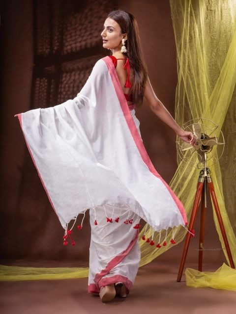 Handloom Solid Color Contrast Border Cotton Saree  - White, Cotton, Cotton (CK)