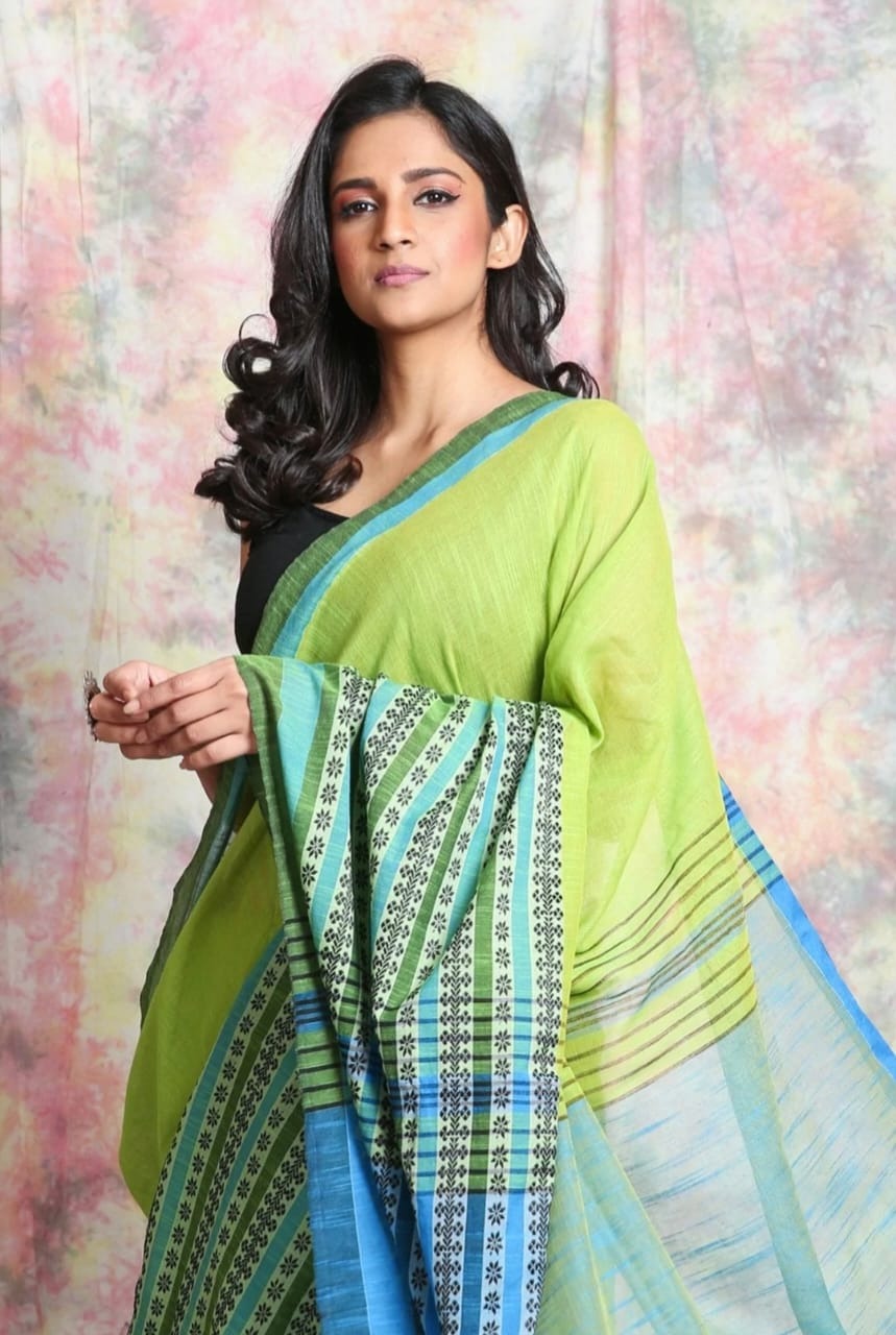 Handloom Begampuri Work Cotton Saree - Granny Smith Apple