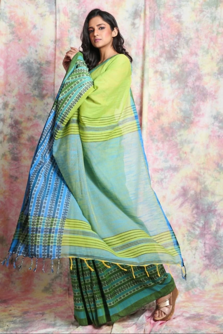 Handloom Begampuri Work Cotton Saree - Granny Smith Apple