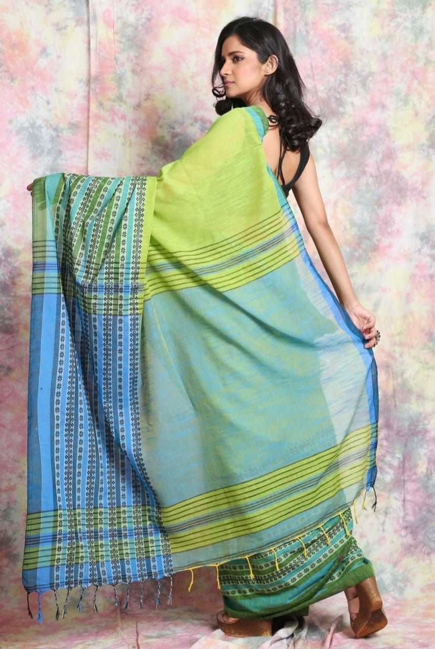 Handloom Begampuri Work Cotton Saree - Granny Smith Apple