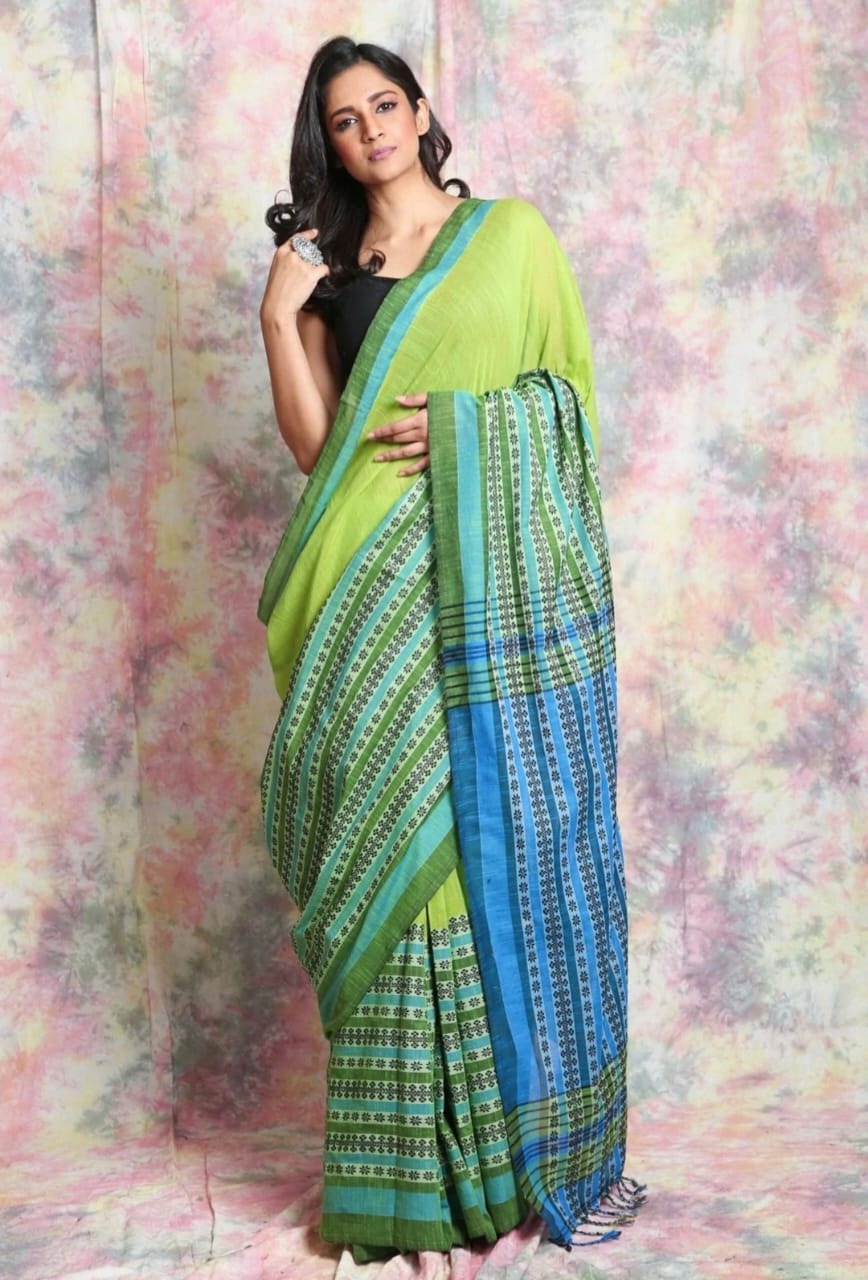 Handloom Begampuri Work Cotton Saree - Granny Smith Apple