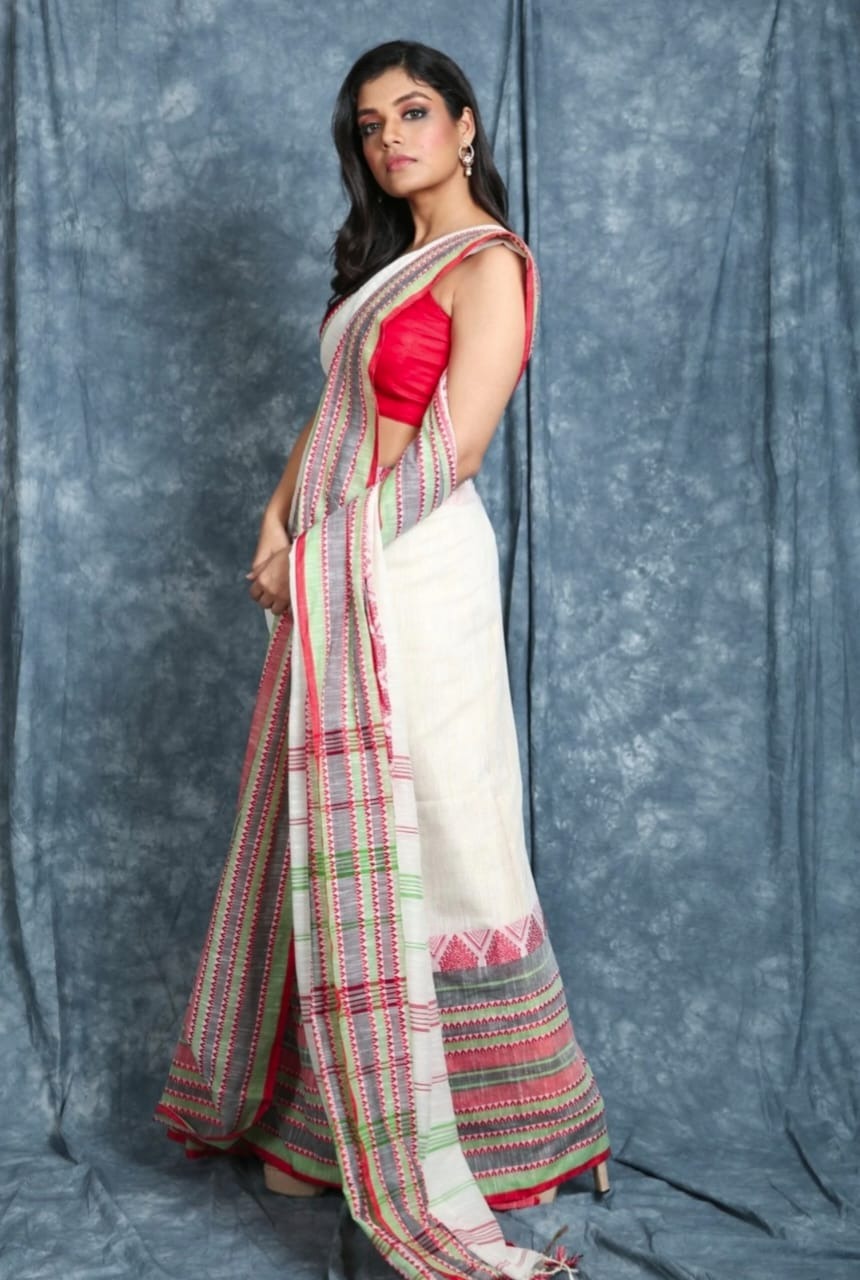 Handloom Begampuri Work Cotton Saree - White & Multi