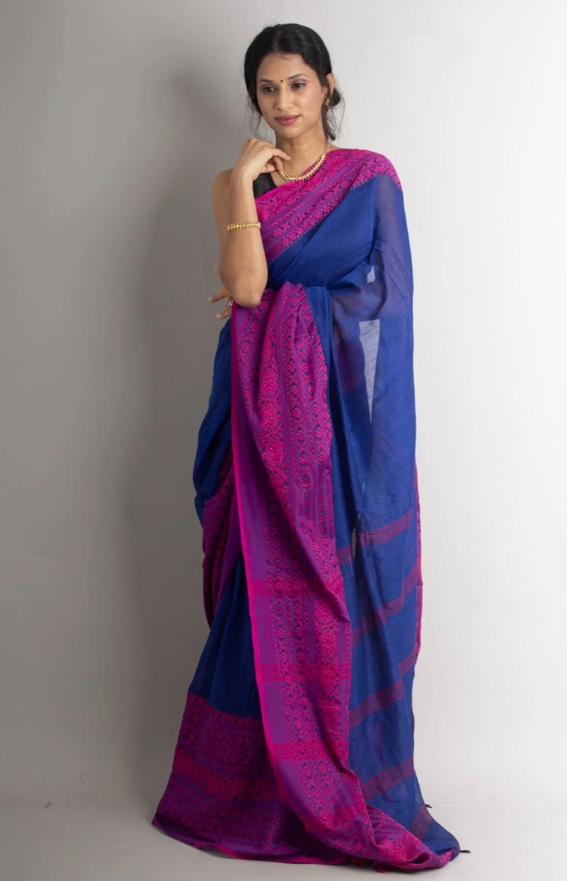 Handloom Begampuri Work Cotton Saree - Blue & Magenta