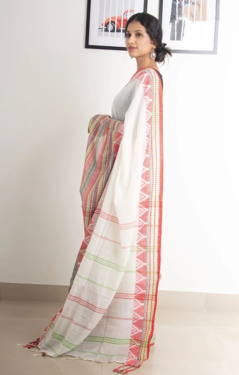 Handloom Begampuri Work Cotton Saree - White & Multi