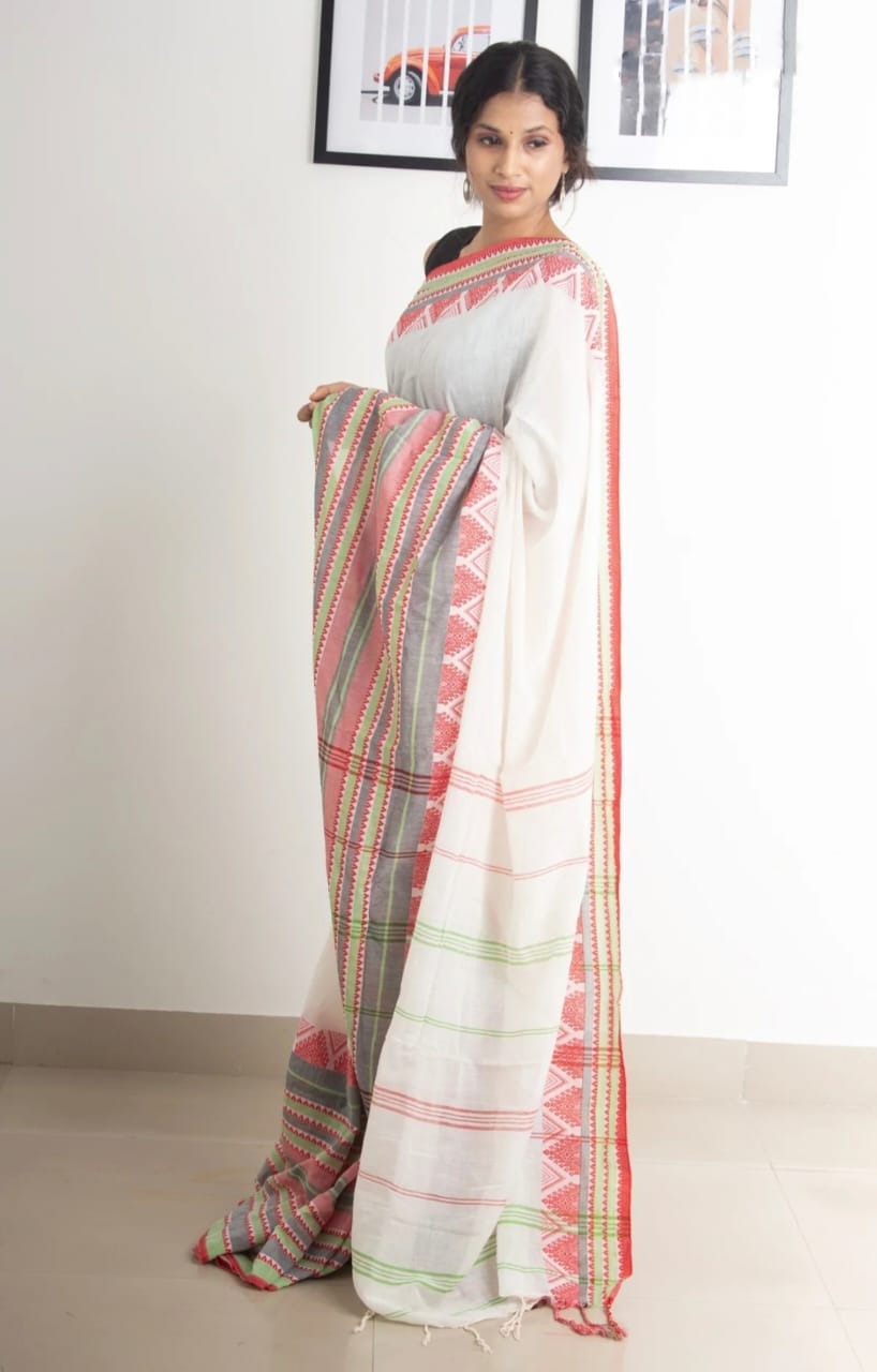 Handloom Begampuri Work Cotton Saree - White & Multi