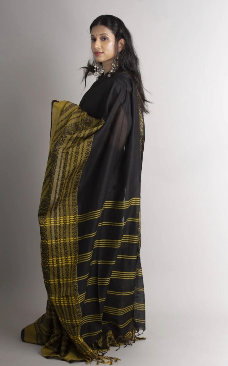 Handloom Begampuri Work Cotton Saree - Black & Gold