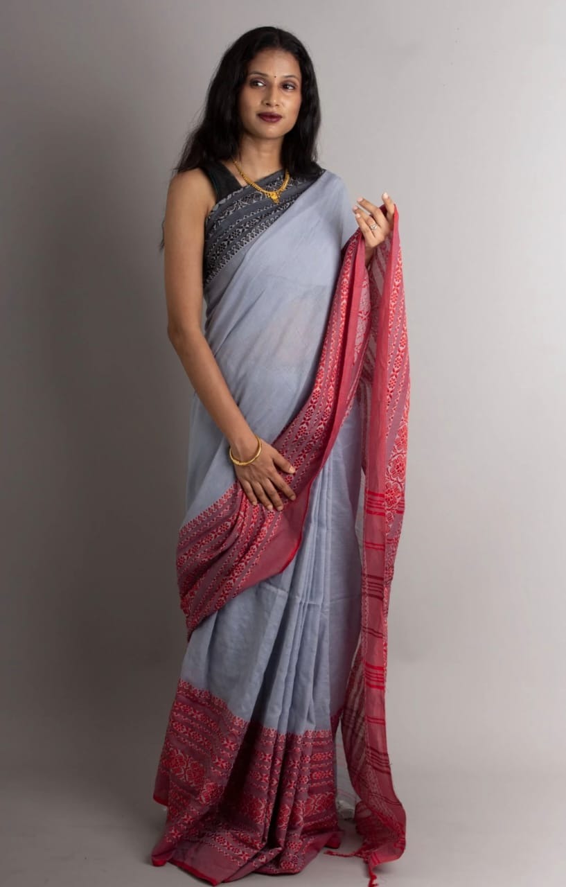 Handloom Begampuri Work Cotton Saree - Silver & Multi