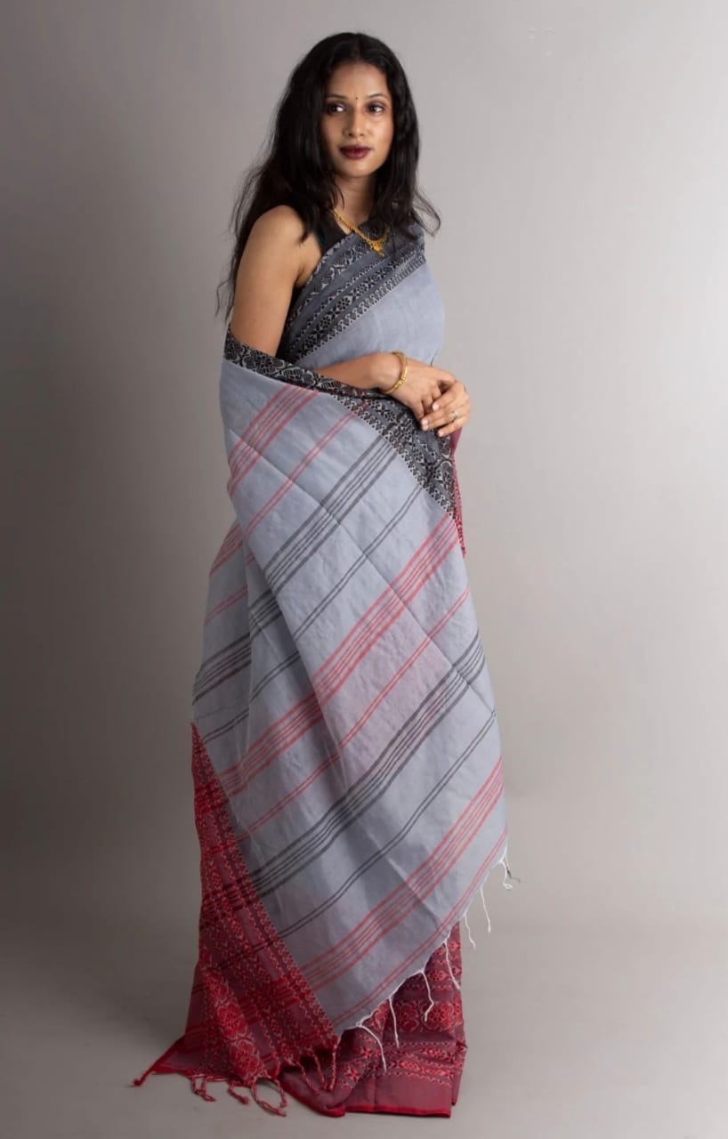 Handloom Begampuri Work Cotton Saree - Silver & Multi