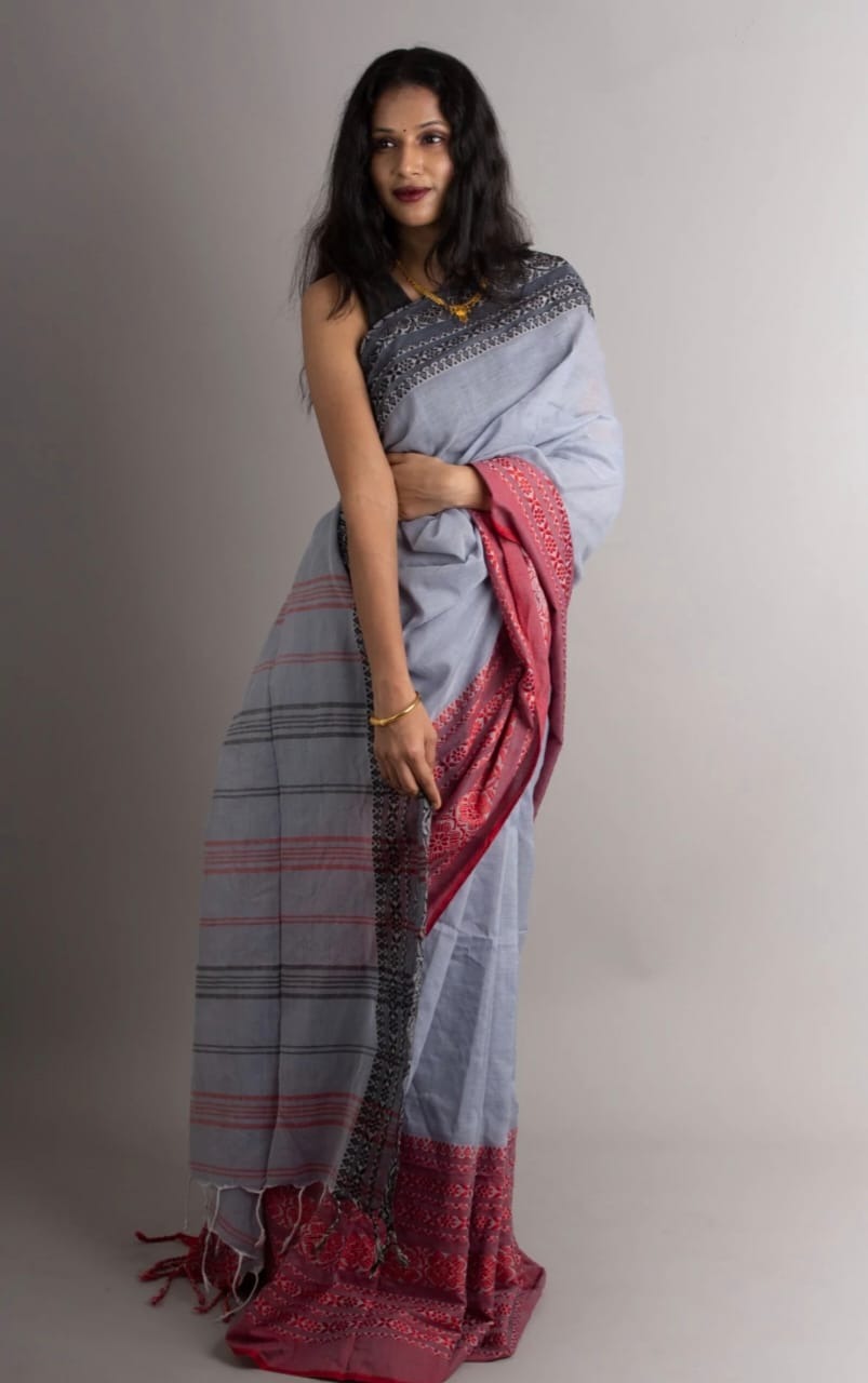 Handloom Begampuri Work Cotton Saree - Silver & Multi