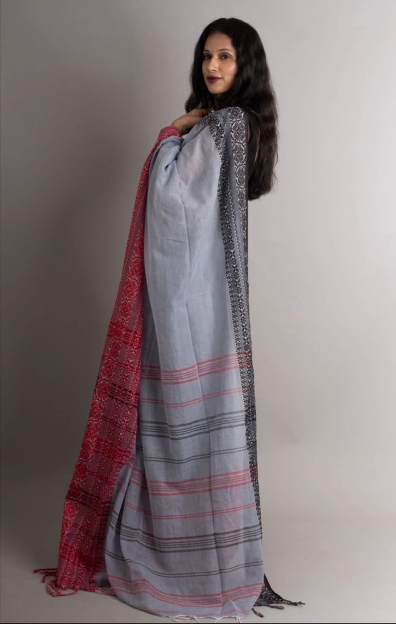 Handloom Begampuri Work Cotton Saree - Silver & Multi