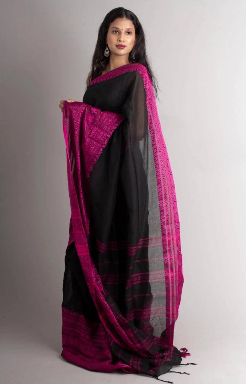 Handloom Begampuri Work Cotton Saree - Black