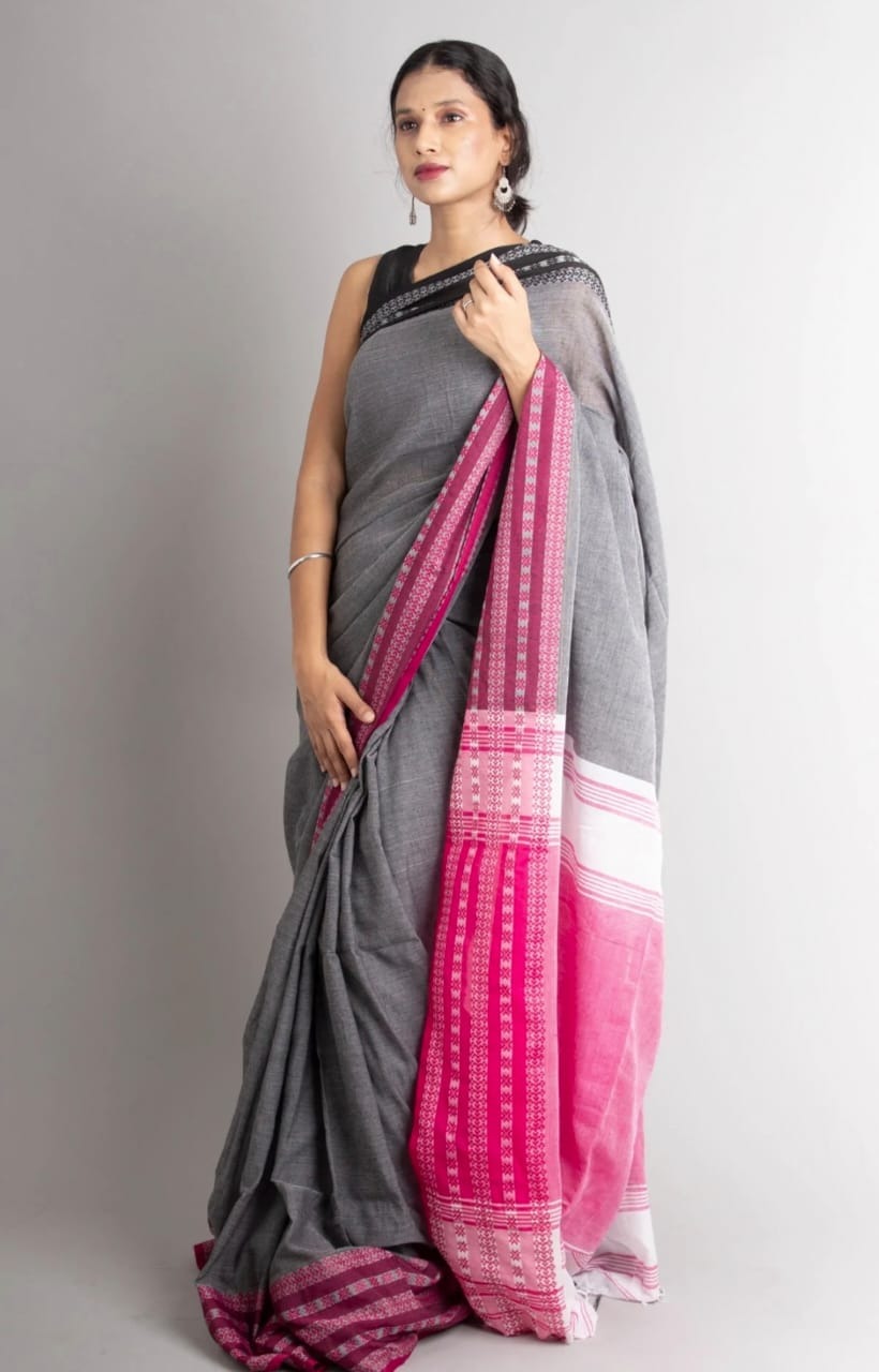 Handloom Begampuri Work Cotton Saree - Gray