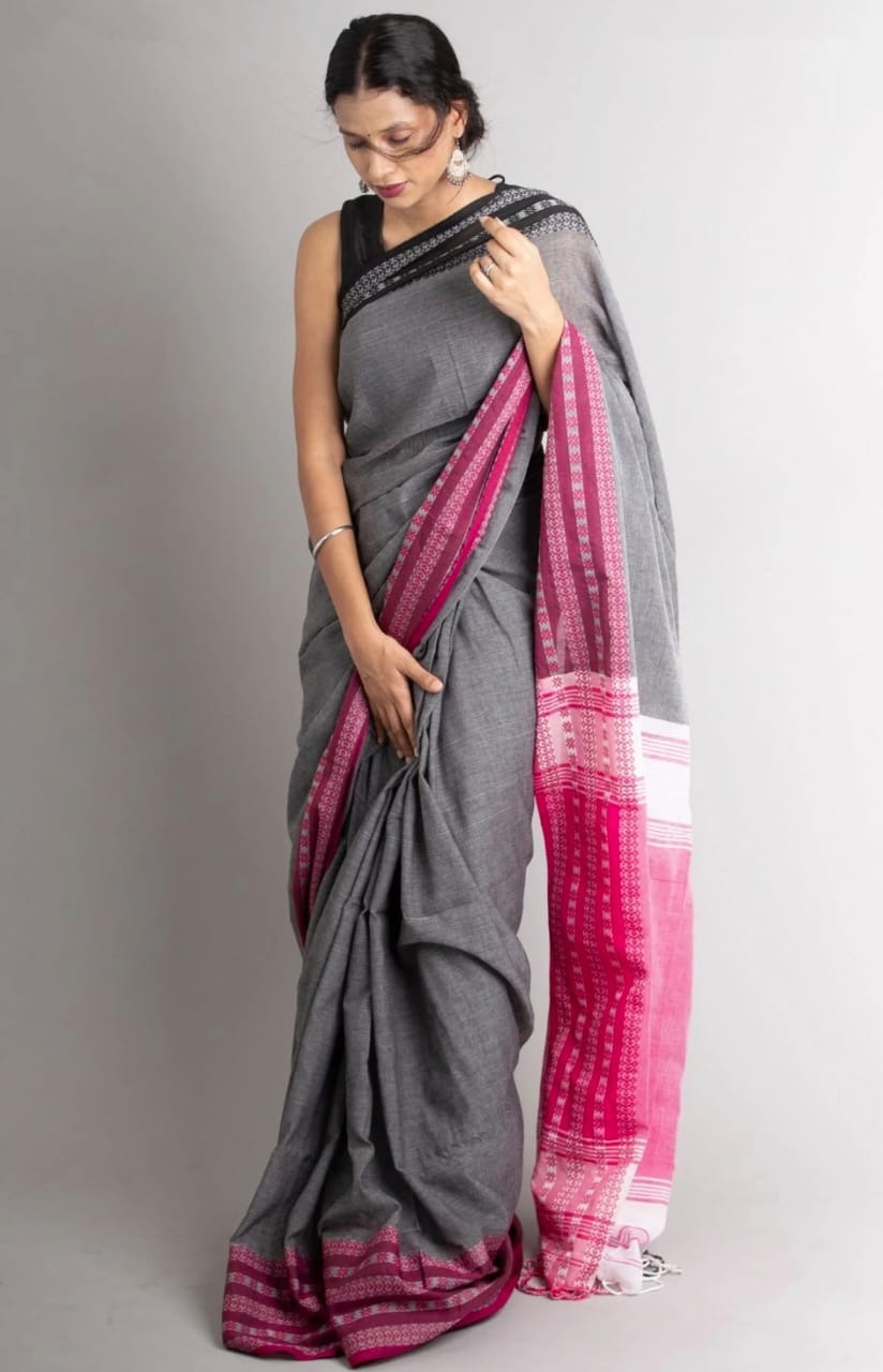 Handloom Begampuri Work Cotton Saree - Gray