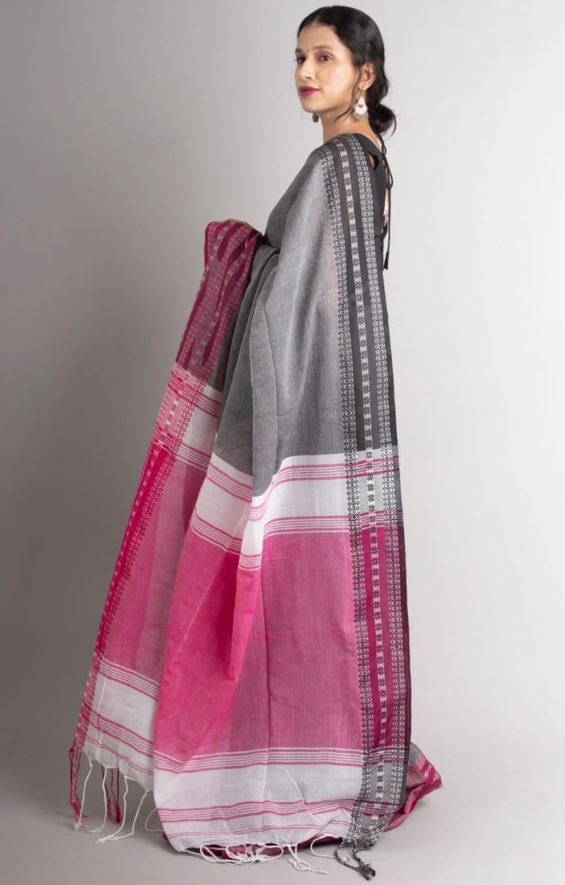 Handloom Begampuri Work Cotton Saree - Gray