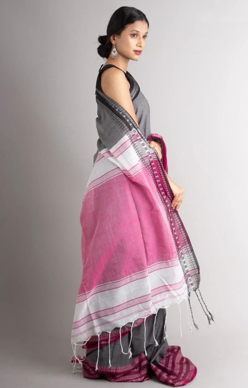 Handloom Begampuri Work Cotton Saree - Gray