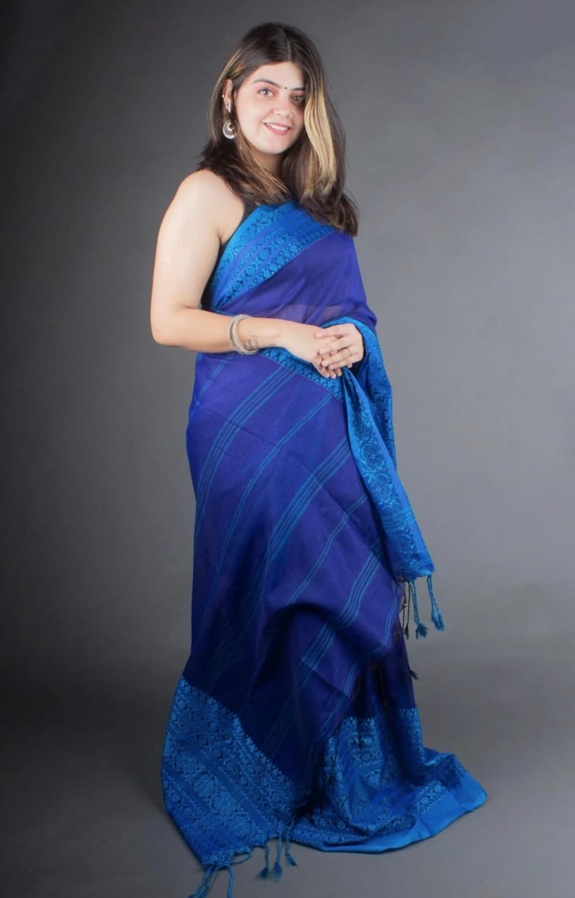 Handloom Begampuri Work Cotton Saree - Blue