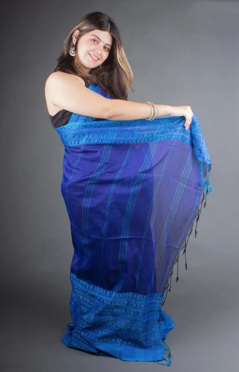 Handloom Begampuri Work Cotton Saree - Blue