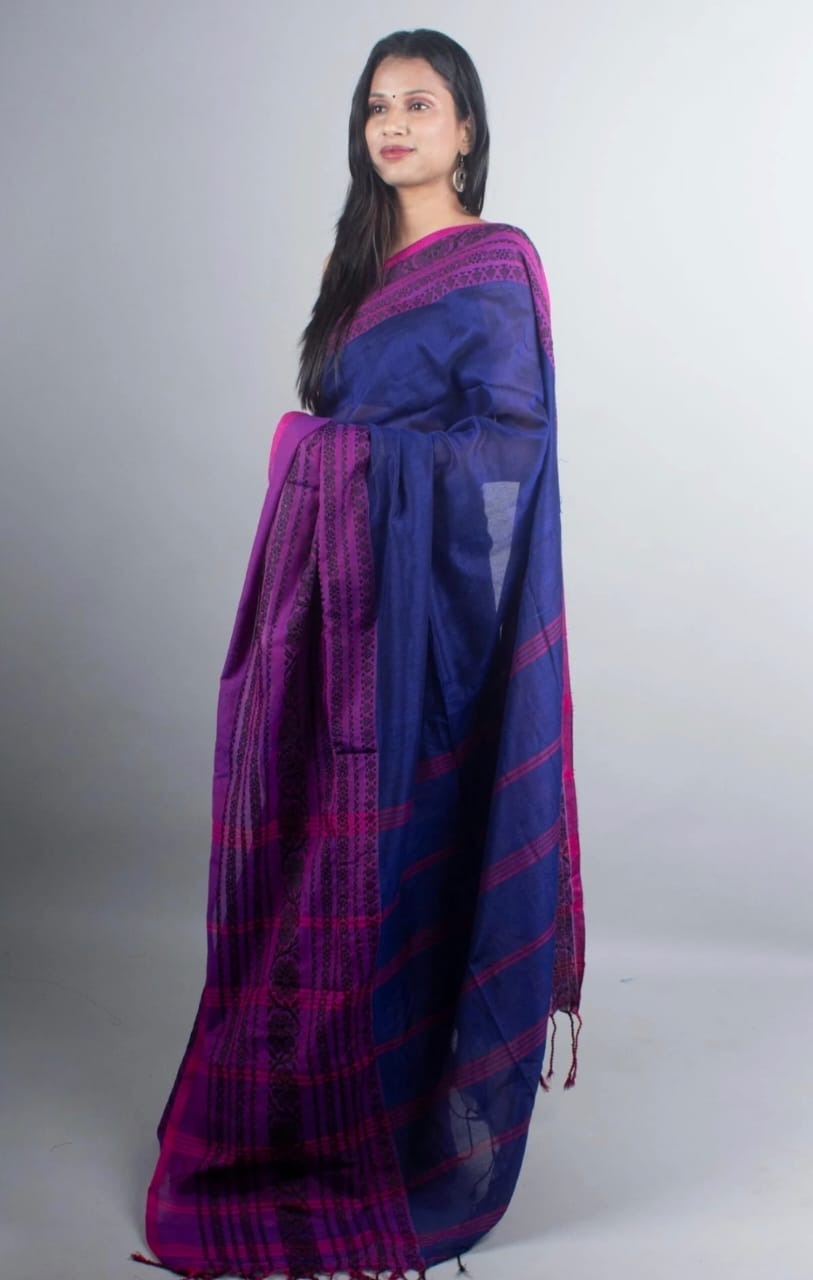 Handloom Begampuri Work Cotton Saree - Navy Blue