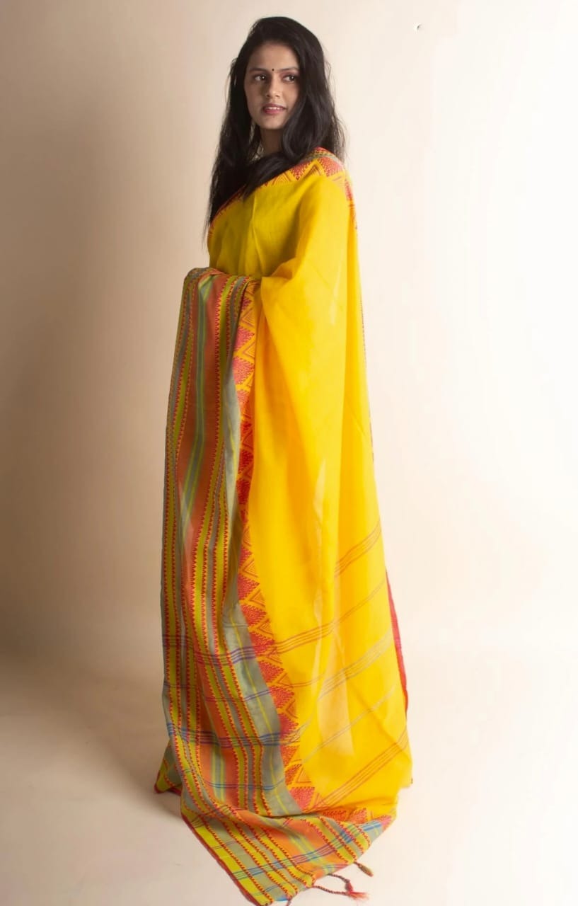 Handloom Begampuri Work Cotton Saree - Yellow