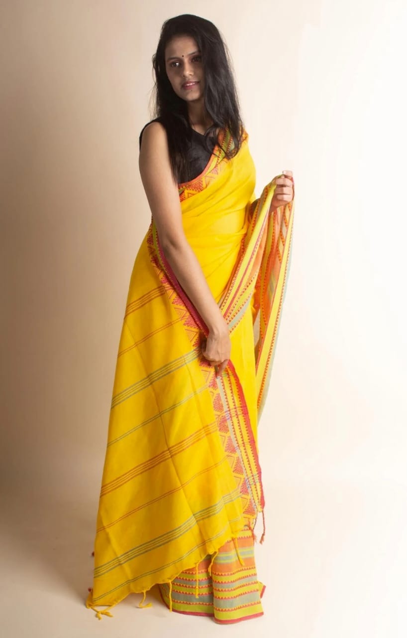 Handloom Begampuri Work Cotton Saree - Yellow