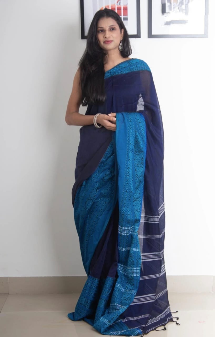 Handloom Begampuri Work Cotton Saree - Black