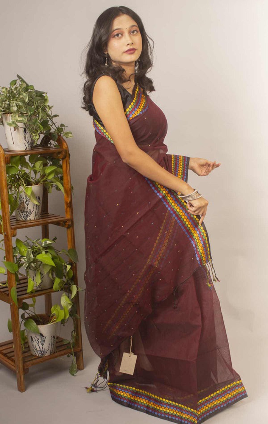 Handloom Sequence Border Cotton Silk Saree - Brown