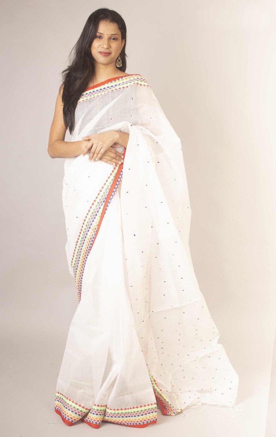 Handloom Sequence Border Cotton Silk Saree - White