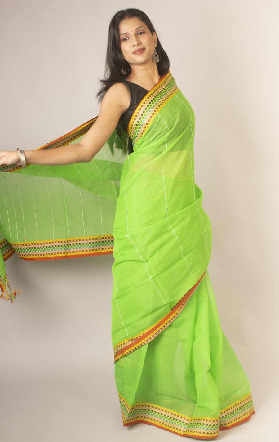 Handloom Sequence Border Cotton Silk Saree - Granny Smith Apple