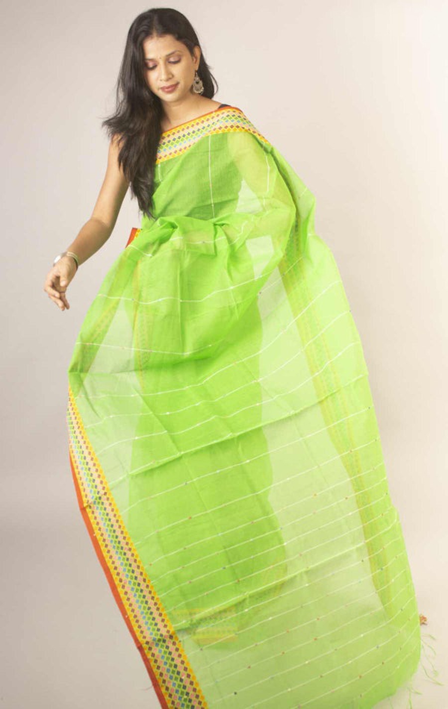 Handloom Sequence Border Cotton Silk Saree - Granny Smith Apple