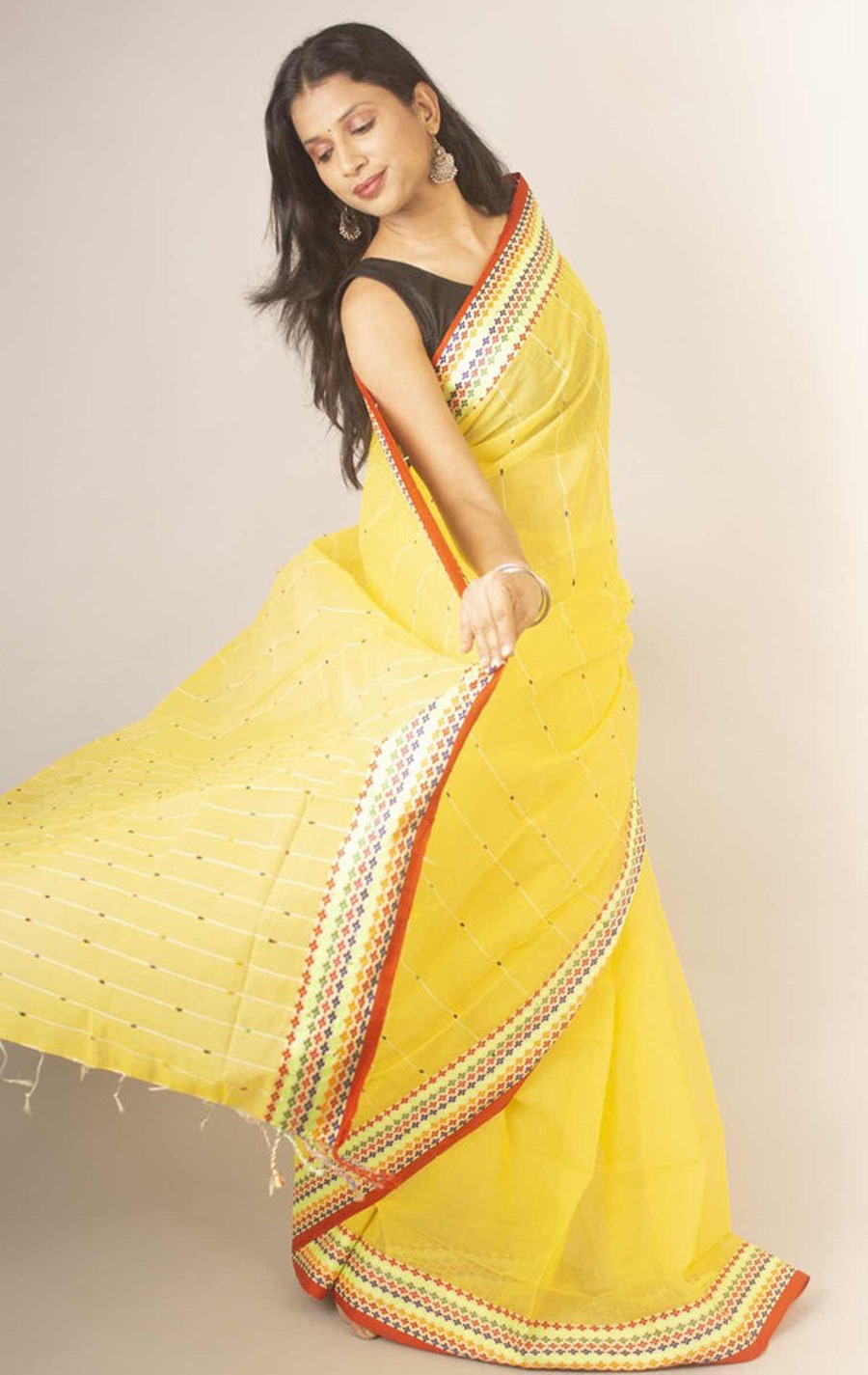 Handloom Sequence Border Cotton Silk Saree - Yellow