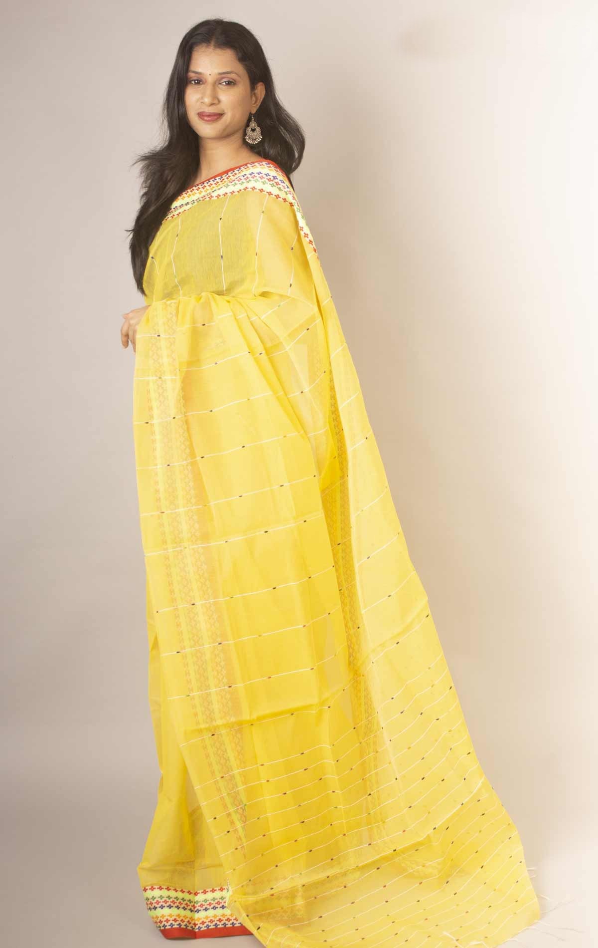 Handloom Sequence Border Cotton Silk Saree - Yellow