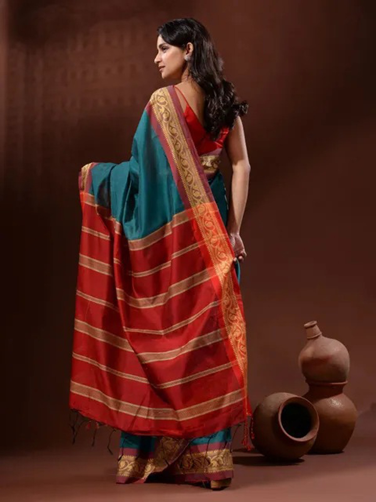 Handloom Naksha Border Cotton Silk Saree - Free, Sea Green