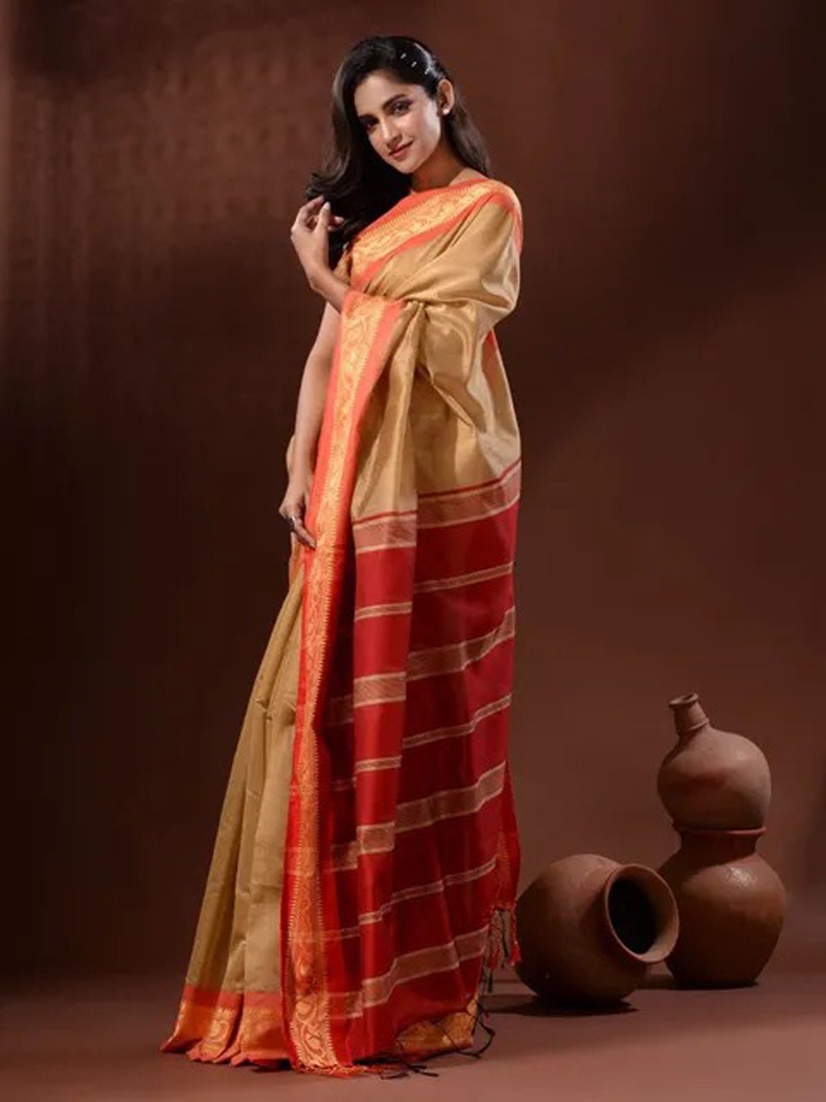 Handloom Naksha Border Cotton Silk Saree - Free, Beige