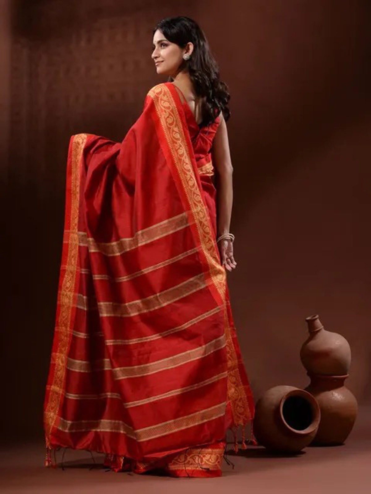 Handloom Naksha Border Cotton Silk Saree - Free, Red