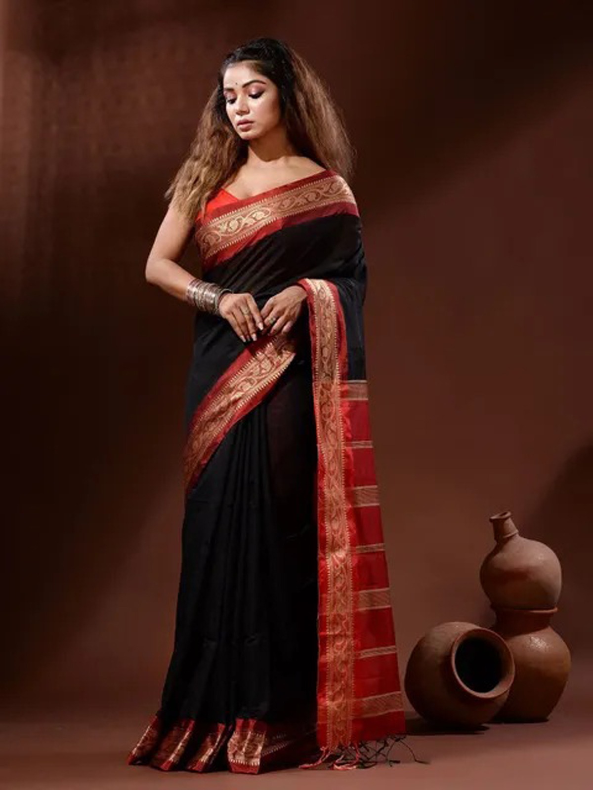 Handloom Naksha Border Cotton Silk Saree - Free, Black