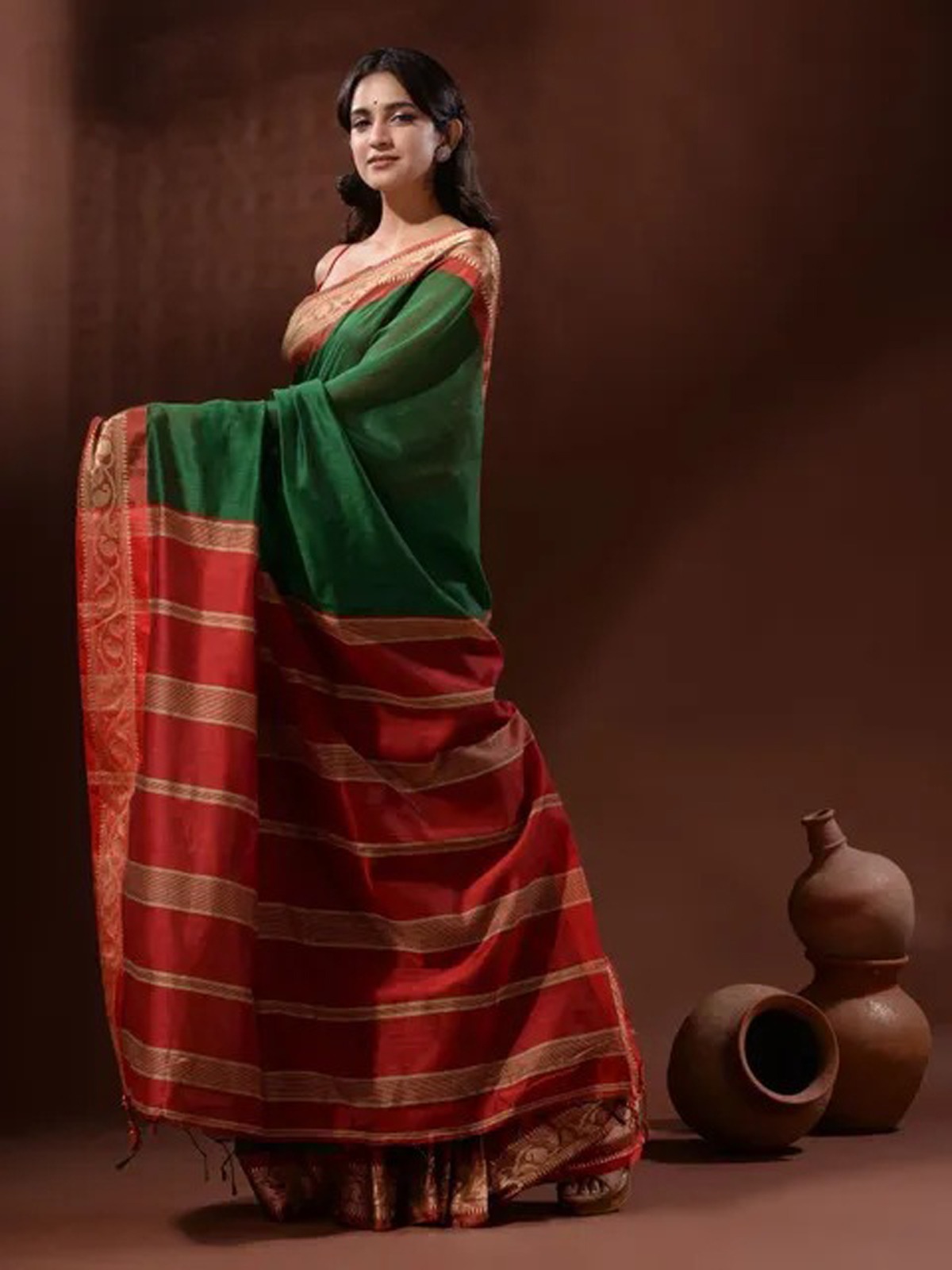 Handloom Naksha Border Cotton Silk Saree - Free, Deep Fir