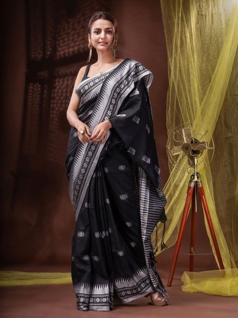 Handloom Floral Motive Border Saree - Black, Cotton, Cotton (CK)