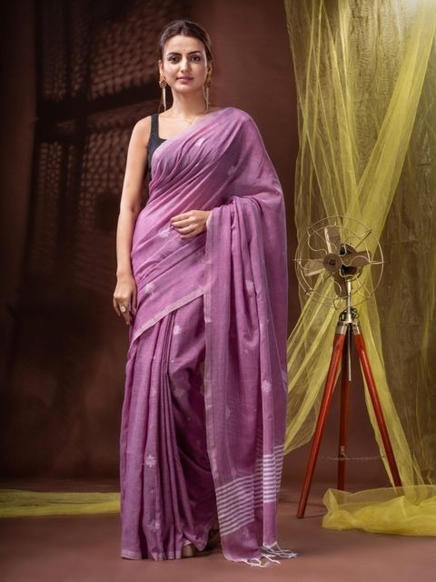 Handloom Floral Motive Saree - Violet Eggplant, Soft Cotton