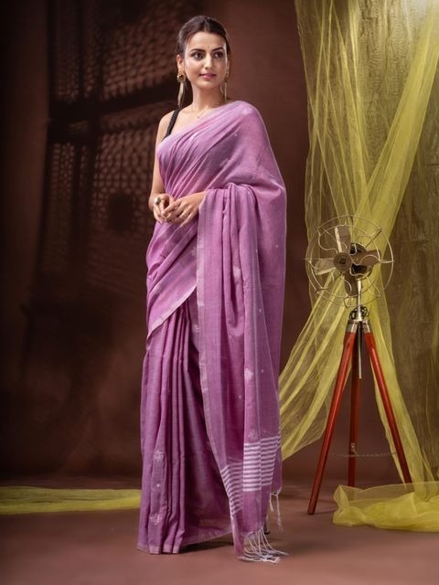 Handloom Floral Motive Saree - Violet Eggplant, Soft Cotton