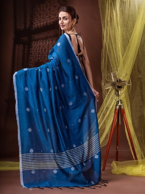 Handloom Floral Motive Saree - Blue, Soft Cotton