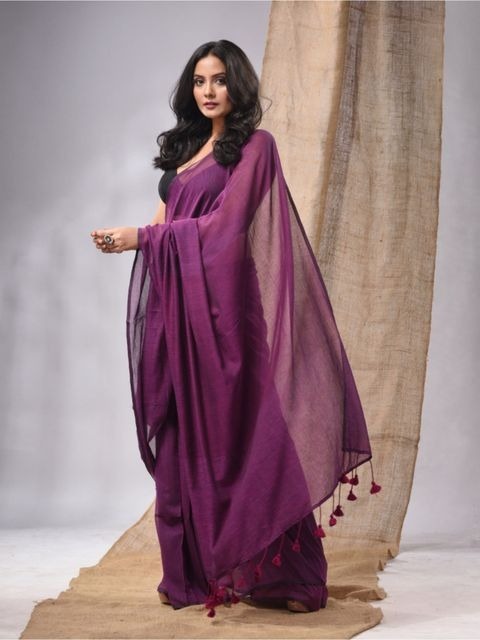 Handloom Solid Color Mul Cotton Saree - Free, Electric Violet