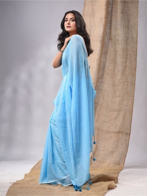 Handloom Solid Color Mul Cotton Saree - Free, Seagull