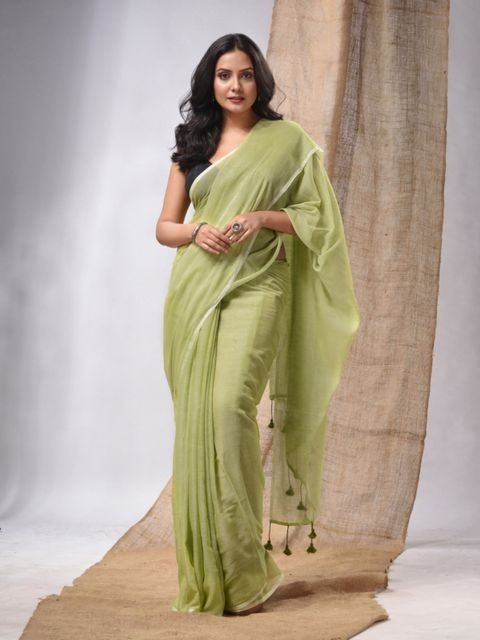 Handloom Solid Color Mul Cotton Saree - Free, Olive