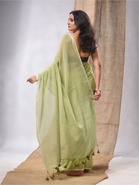 Handloom Solid Color Mul Cotton Saree - Free, Olive