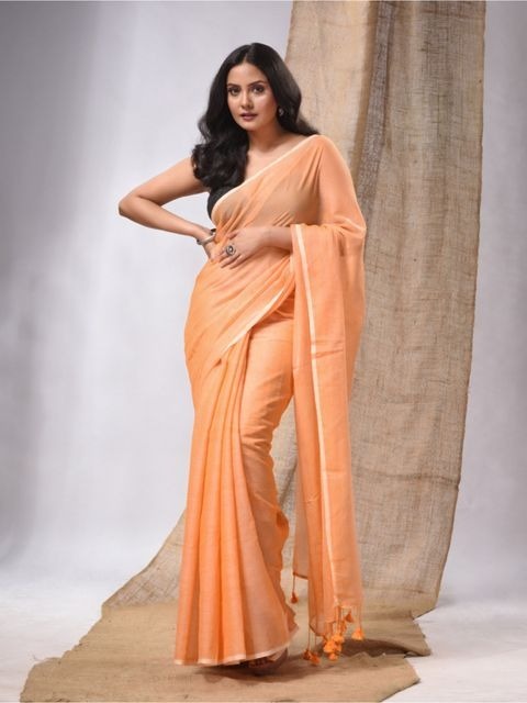 Handloom Solid Color Mul Cotton Saree - Free, Peach